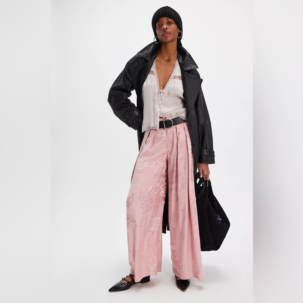 Free People Pink Giselle satin printed pleated trousers NWT